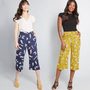 Modcloth linen-blend kitty cat print wide leg cropped pants
